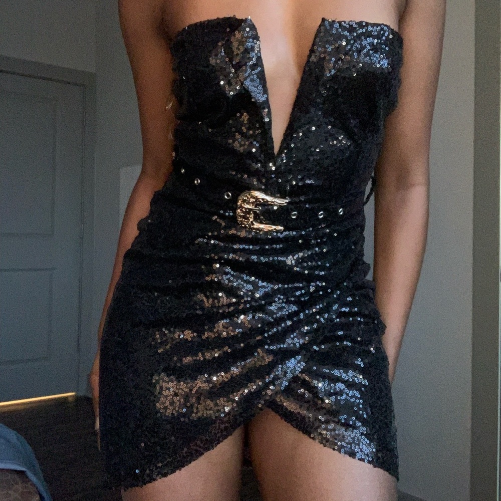Black Strapless Sequin Mini Dress